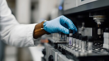 A scientist in blue gloves carefully places a sample vial into a sophisticated laboratory instrument for testing and analysis