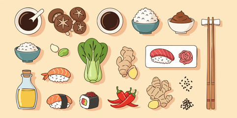 Flat Vector Asian Food Ingredients Illustration – Top View Minimal Clean Flat Design