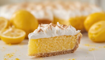 Close-up of a lemon tart slice with whole lemons blurred behind