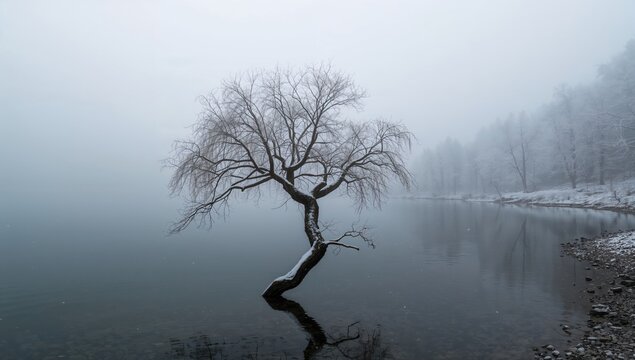 A Tree Growing Beside a Foggy, Snow-Covered River