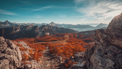 Obraz premium Bright early morning scenery seen from a high mountain route. Vivid fall panorama in a famous alpine region. Photo enhanced with artistic effects.