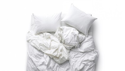 Top view of bed covered with a blanket on a white surface
