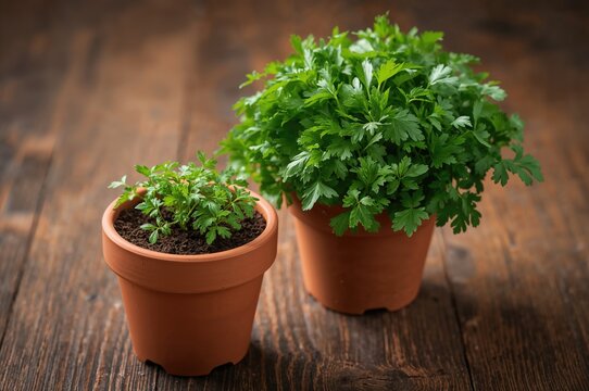 Clay pots holding fresh coriander plants on a wooden surface. One pot contains young seedlings, the other mature herbs.
