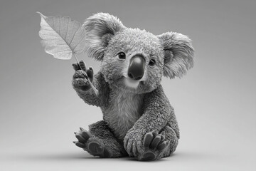 Adorable koala bear holding a leaf, embodying innocence and charm in a monochrome portrait perfect for heartwarming designs and nature-themed projects