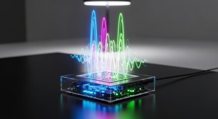 A clear box reveals a circuit board, emitting colorful waveforms under a bright light. The visual suggests data processing