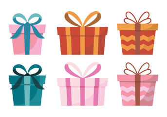 Collection of gift box in different shapes and color, ribbon, bow, packaging. Colorful gift boxes with ribbons isolated on white background, perfect for birthdays and special occasions