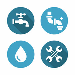 Fototapeta premium Plumbing Services Icon Set in Blue Circle Design Water Drop Faucet Wrench and Pipe Installations for Professional Repair and Maintenance