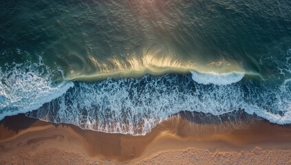 Ocean waves breaking onto the shore from a high vantage point