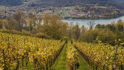Autumn vineyards near a serene lake in a renowned UNESCO region, showcasing golden leaves and lush greenery.