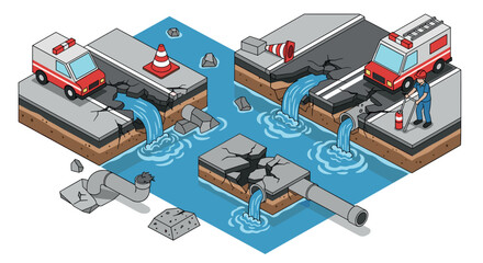 Obraz premium Urban infrastructure crisis with emergency response and flooded streets in isometric style
