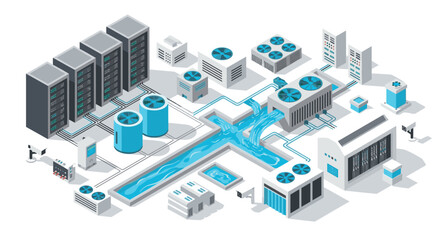 Modern isometric data center with cooling system and server equipment