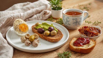 Healthy breakfast with boiled egg, avocado spread, olives, jam toast, and tea
