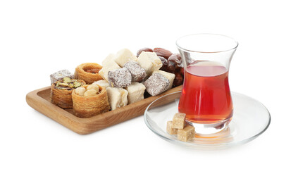 Traditional Turkish tea and desserts isolated on white