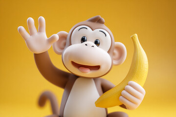 Cheerful 3D monkey waving hello and holding a ripe banana, perfect for playful designs and fun projects with a lighthearted, joyful vibe