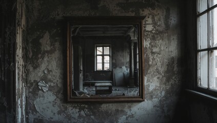 An old, broken mirror inside a neglected structure with weathered wooden frames and grimy, decayed walls, illuminated by light through a window.