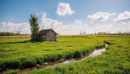 Obraz premium Rural farm field with fence and springhouse amidst lush grass