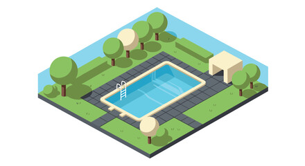 Isometric backyard with pool and trees in minimalist design