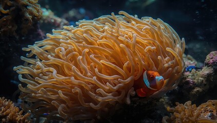 A clownfish hiding inside a shimmering golden anemone