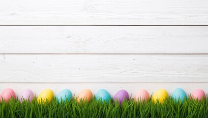 Invitation for Easter Egg Hunt Featuring Vibrant Painted Eggs Arranged on Grass with a White Wooden Background and Space for Custom Text