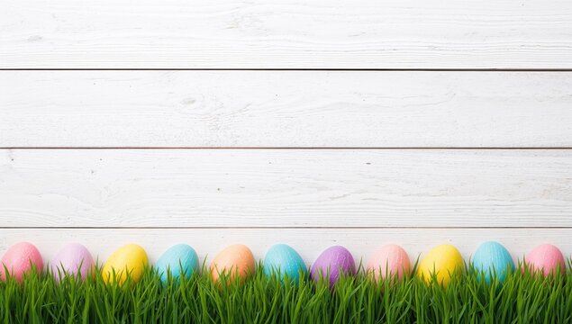 Invitation for Easter Egg Hunt Featuring Vibrant Painted Eggs Arranged on Grass with a White Wooden Background and Space for Custom Text
