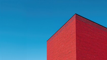 A modern structure with a red brick facade stands out against a bright, cloudless blue sky on a lovely day.