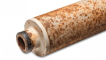 Used rusty brown sediment water filter cartridge for home pre-filtration and purification, isolated on white background, close-up