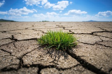 Texture of parched soil with a cluster of lively green grass, representing optimism and strength. Perfect for nature-related concepts.