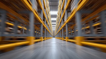 Fototapeta premium Interior view of a large distribution center with a blurred motion effect, showcasing aisles and shelving for efficient storage and logistics operations