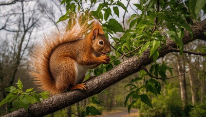 Squirrel munches on nuts atop a tree limb during a mild spring afternoon