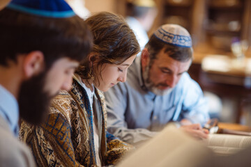 Family members wearing kippahs gathered together during bar mitzvah ceremony. Group of people reading from religious books in synagogue. Concept of faith and Jewish family tradition