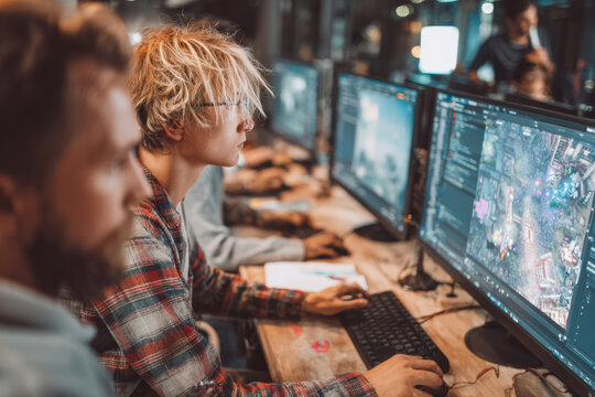 Developers collaborating at workstation with multiple monitors. People coding and designing video game in modern studio. Concept of teamwork, software development and gaming industry