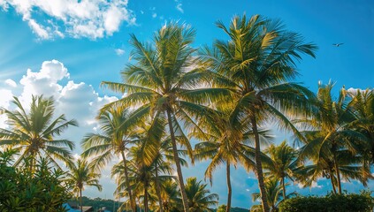 Bright blue sky with clouds and sunlight highlighting palm trees. Tropical scene with sunny vibes.