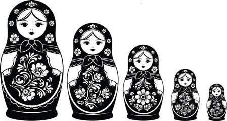 Traditional Russian Matryoshka Nesting Dolls Black and White Vector Set with Floral Ornament