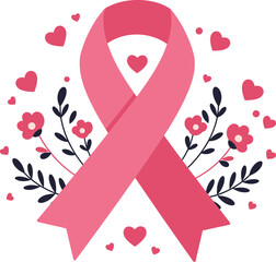 Fototapeta premium Pink ribbon awareness symbol with flowers and hearts supporting breast cancer
