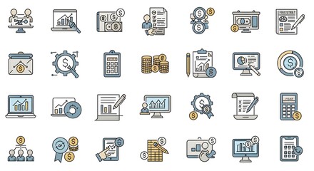 Colorful set of financial and business icons, including charts, coins, and computers