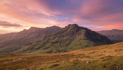 Scenic elevated terrain showcasing a breathtaking dawn or dusk with towering peaks, rolling verdant and amber slopes, and a grand cloudy backdrop.