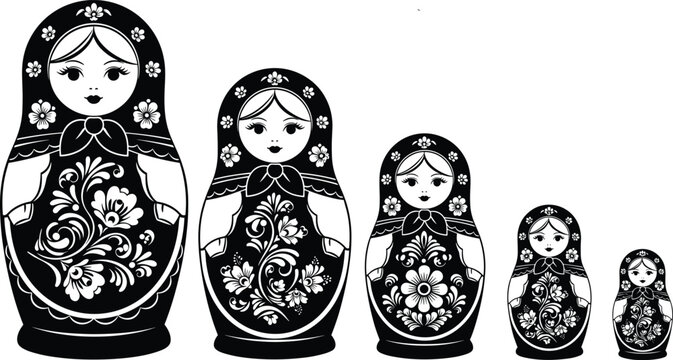 Traditional Russian Matryoshka Nesting Dolls Black and White Vector Set with Floral Ornament