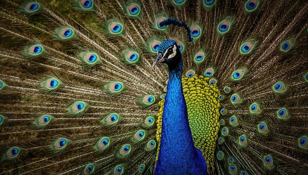 Vibrant blue male peacock with stunning feathers