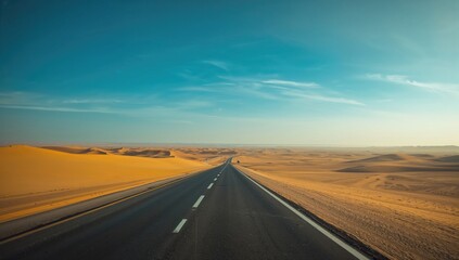 Naklejka premium Paved highway stretching across a sandy desert beside the ocean under a clear sky