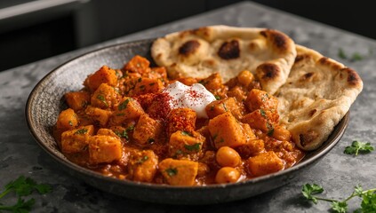 Chickpea and sweet potato stew served with flatbread