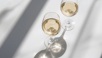 Collection of white wine glasses arranged for tasting session, Minimalist style theme. Overhead shot of glossy wine glasses on table with sunlight, shadows, and sun flare, alcoholic beverages on