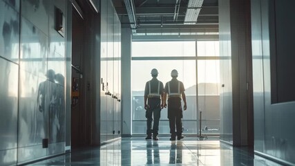 Elevator Maintenance Team Inspecting a Mechanical Room in a High-Rise Building, Cinematic Tone