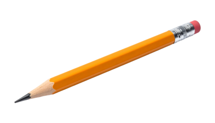 A yellow, sharpened pencil lies diagonally against a plain, dark background with a pink eraser tip