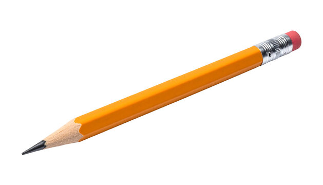 A yellow, sharpened pencil lies diagonally against a plain, dark background with a pink eraser tip