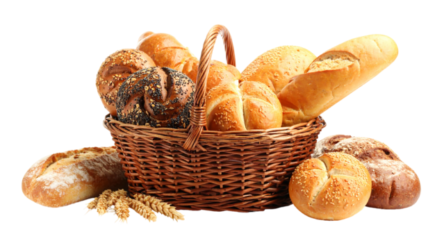 A woven basket overflowing with various types of baked bread against a black background
