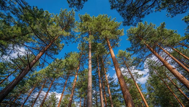 Sunny summer forest view looking up at pine tree canopies