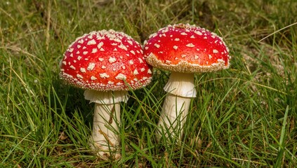 Pair of red mushrooms with white spots growing in the grass, known for their lucky symbolism