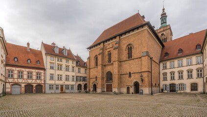 Castle courtyard with cathedral spires and historic church buildings