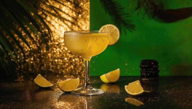 Golden tequila served with a wedge of lime against a dark tropical backdrop - Powered by Adobe