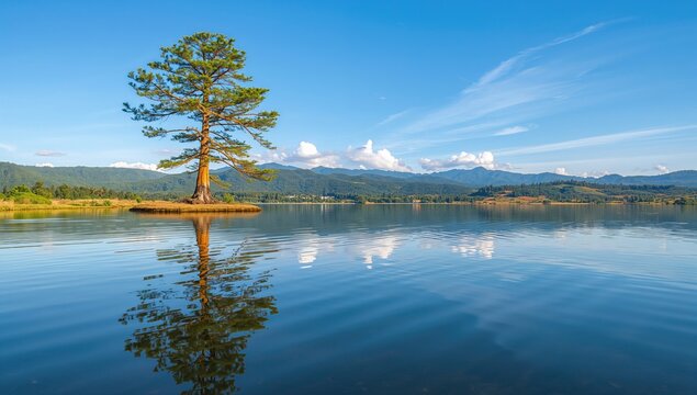 Reflection of a Pine Tree on a Serene Lake Surface